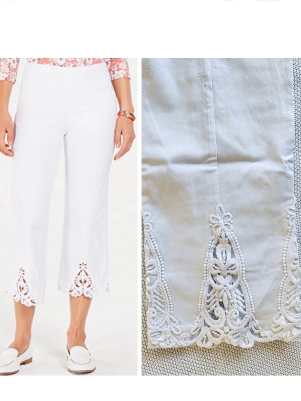 ATTYRE Stretchy Pull-on White Cropped Pants w Lace Hem